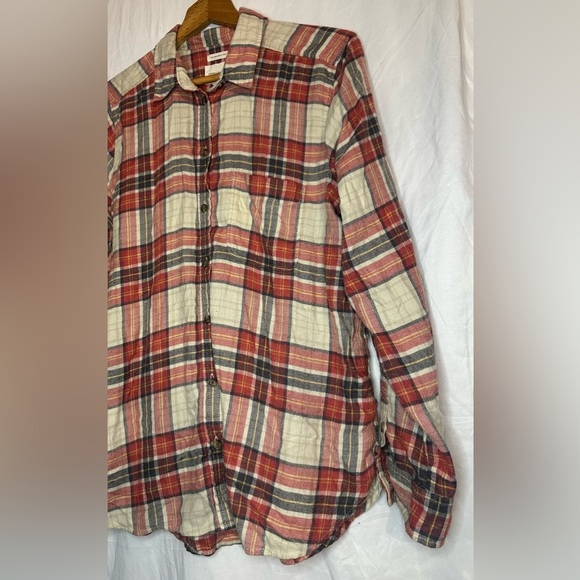 American Eagle Women Boyfriend Fit Long Sleeve Orange/Cream Plaid Flannel Large - Picture 3 of 11